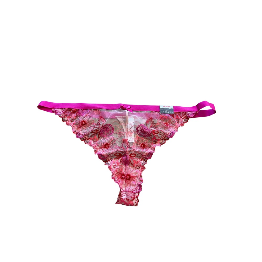NWT‎ Cacique Pink Red Floral Embroidered Mesh Thong Underwear 18/20